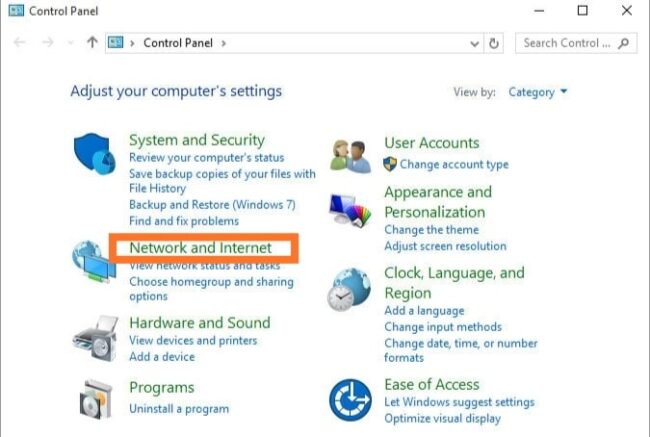 Find WiFi Password on Windows 10 - Select Network and Internet