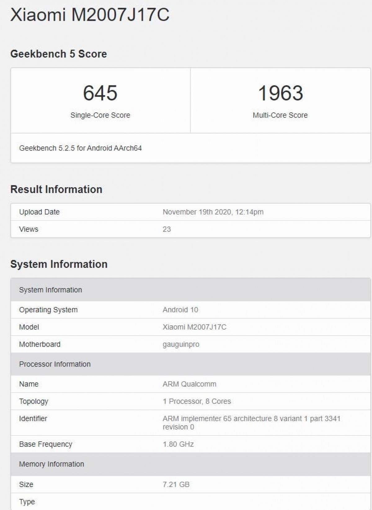 Xiaomi Redmi Note 9 Pro Geekbench listing