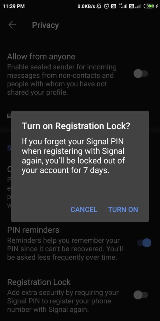 Turn On Registration Lock on Signal