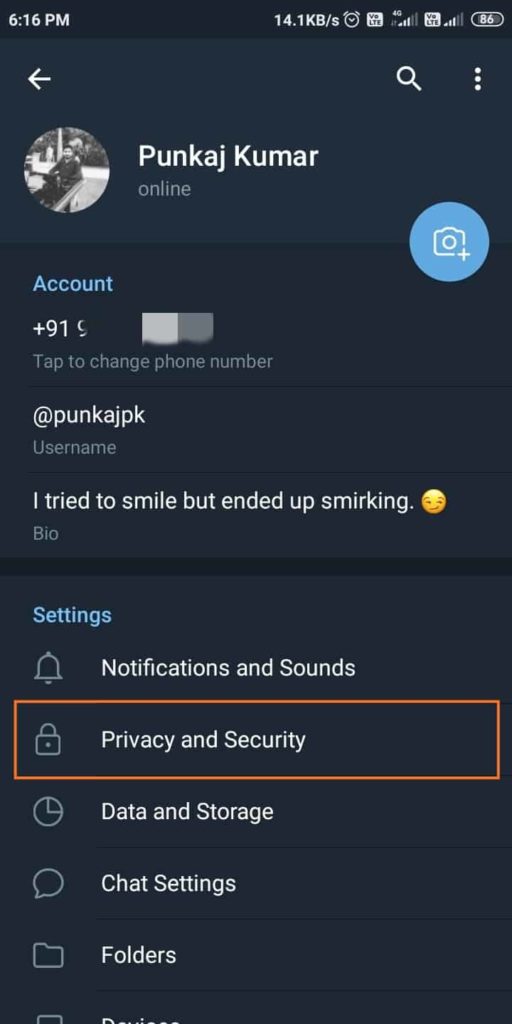 Telegram Settings - Open Privacy and Security
