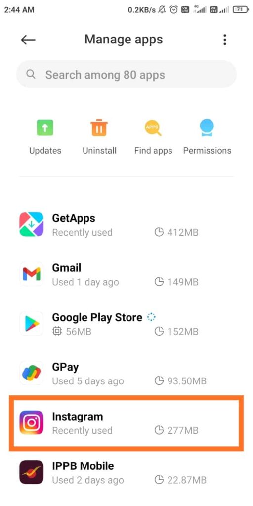 Apps List on Android - Clear Cache