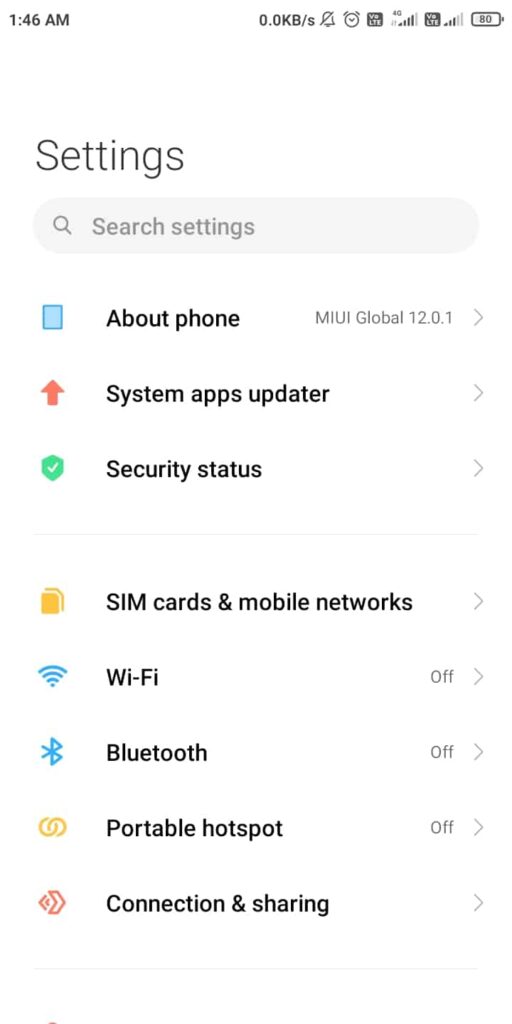 Android Settings - Xiaomi Redmi With MIUI 12.01